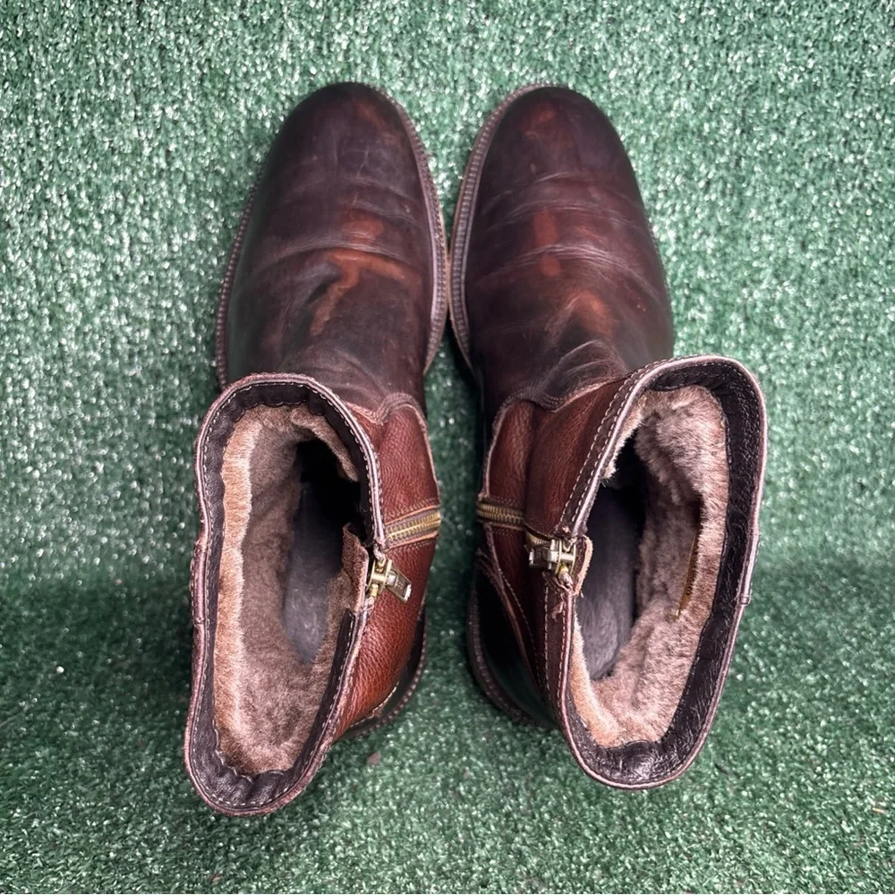 J&M 1850 Johnston & Murphy Brown Leather Shearling Zip Ankle Boot Mens Size 12 M